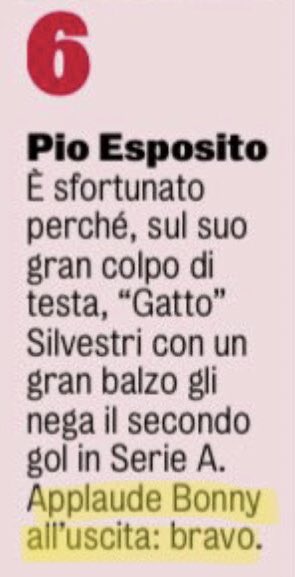 WesleyVictorMak's tweet photo. Francesco Pio Esposito krijgt in de Gazzetta dello Sport een 6 omdat hij een kopbal gered zag worden en omdat hij applaudisseerde bij de wissel van concurrent Bonny. https://t.co/nZwXEvu0J7