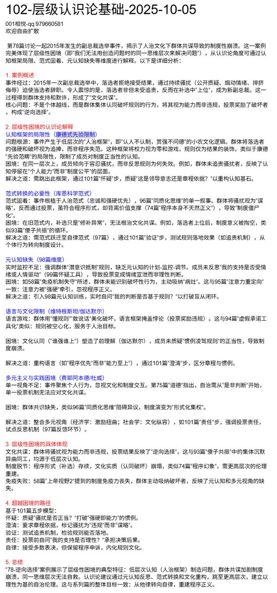 rulesproblem's tweet image. 102-层级认识论基础-2025-10-05
第78篇讨论一起2015年发生的副总裁选举事件，揭示了人治文化下群体共谋导致的制度性崩溃。这一案例完美体现了层级性困境（即“我们无法用创造问题时的同一思维层次来解决问题”），从认识论角度可通过认知框架局限、范式固着、元认知缺失等维度进行解释。