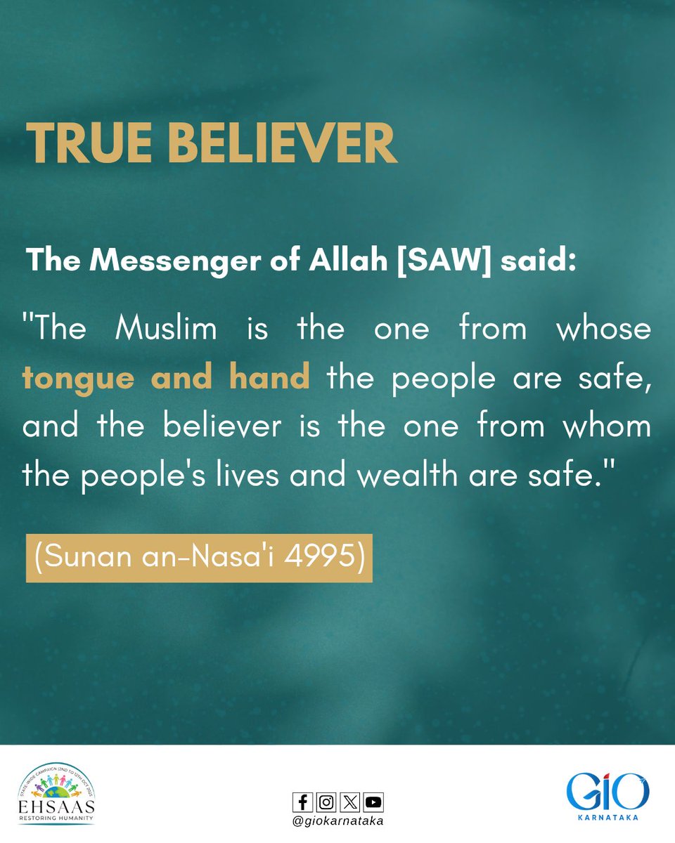 giokarnataka's tweet photo. This hadith elucidates the moral and social dimension of faith. A true Muslim surpasses ritualistic practices and embodies a conduct of peace, mercy, and responsibility towards humanity.
#Ehsaas #giokarnataka https://t.co/XTpBJ7F6iO