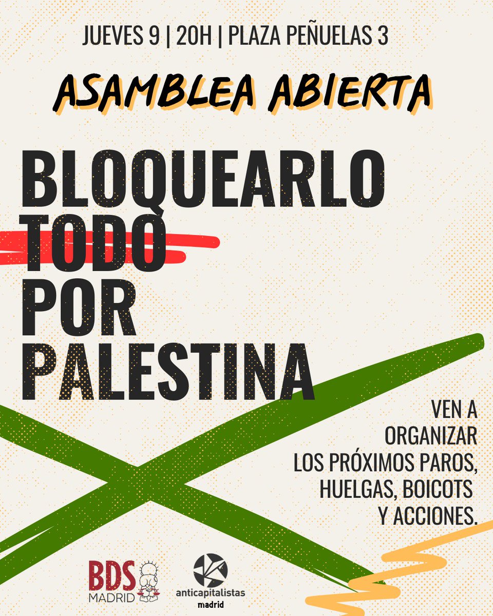 Tras la histórica movilización de ayer en Madrid, tenemos que intensificar la lucha contra el sionismo en todos los ámbitos. 

Frente a pro-genocidas como Ayuso y Almeida, y la complicidad del gobierno estatal y las empresas, nos organizamos para pasar a la acción. 

¡No faltes!