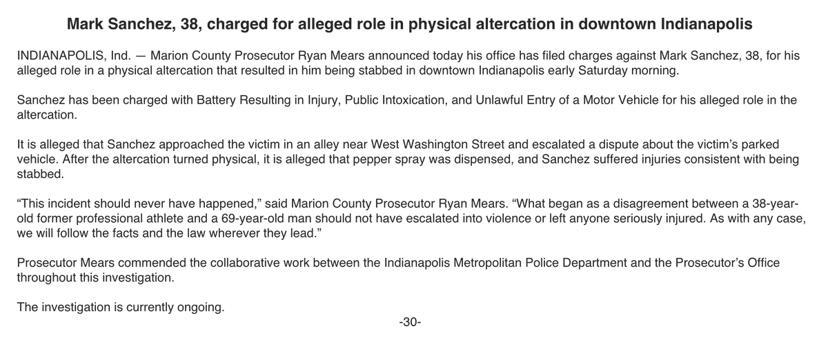 #UPDATE: The Marion County Prosecutor has formally charged former QB/FOX analyst Mark Sanchez with 3 misdemeanors after police say he attacked a 69-year-old man in Downtown Indianapolis early Saturday morning and then was stabbed by the victim. 

Going through court filings now