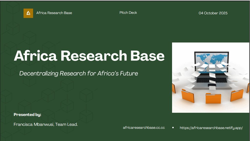 AfResearchBase's tweet photo. 🎉 We came 2nd place in the DeFi Track at the @SolanaStudentAf Hackathon 2025!
Africa Research Base was built as a response to Africa’s underrepresentation in global research output.
⇣ ⇣ ⇣
#SolanaStudentsAfrica #SolanaxAIHackathon #DeFi #DeSci https://t.co/fSSe4Orqn1