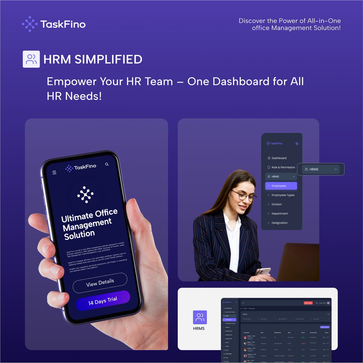Whether you’re a small startup or a big company, HR work can get messy. TaskFino makes it simple, everything in one dashboard, easy to use, and built to save time.

#HRMS #OfficeManagement #SimplifyHR #TaskFino