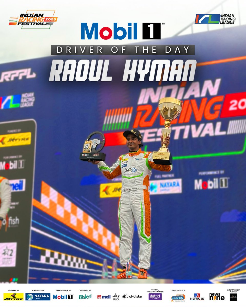 Irlofficial1's tweet photo. A masterclass of speed and precision dominated the track today. β‘οΈ Raoul Hyman takes the crown as Mobil Driver of the Day! π·
#IndianRacingFestival #IndianRacingleague #SpeedMeetsSpirit #Mobil #DriverOfTheDay #performancebymobil1 https://t.co/u7mtsIIH1Q