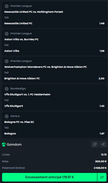 ⚽️ COMBI FOOT 15H ⚽️

J'AI LA VISION 🔥🔥

🎯 Aston + Brighton + Stuttgart + Bologne @ 12.13

#TeamParieur