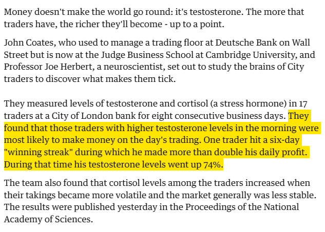 questmoosa's tweet image. Money and Testosterone

In this study, young future traders noticed significant increases in their testosterone levels on the days when they made above average profits. 

One future trader in the group got a 6 day streak of above average profits, and ended up having 78% more…
