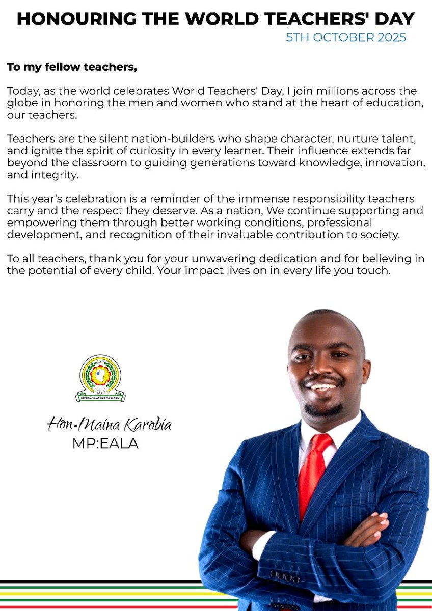 MainaKarobia's tweet photo. Celebrating our teachers the true architects of our nation’s future. Thank you for your service, sacrifice, and passion.
#WorldTeachersDay #MainaKarobia #EALA https://t.co/9EGFWU99S9