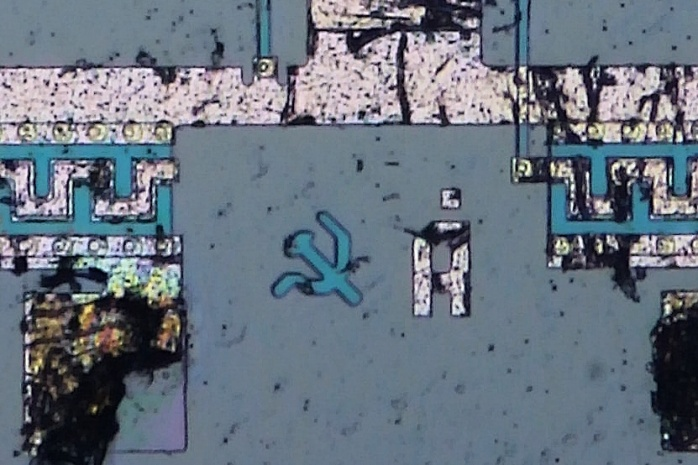 Some people may have heard that microchip designers have a tradition of putting small drawings in leftover blank spaces of the chip, but I don't think many have seen soviet examples of this.
A small hammer and sickle etched in the corner of a 1980s 20-bit micro-controller chip.