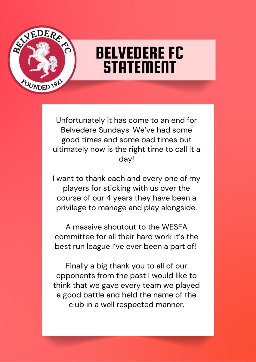<a href="/WESFA_Football/">W.E.S.F.A.</a> thank you for all your hard work it really is one of the best run leagues ⚽️

If there are any clubs that are looking for players please get in touch and perhaps we can help some sides fill some gaps in their squads 🤝

#UpTheDeres 🦌❤️