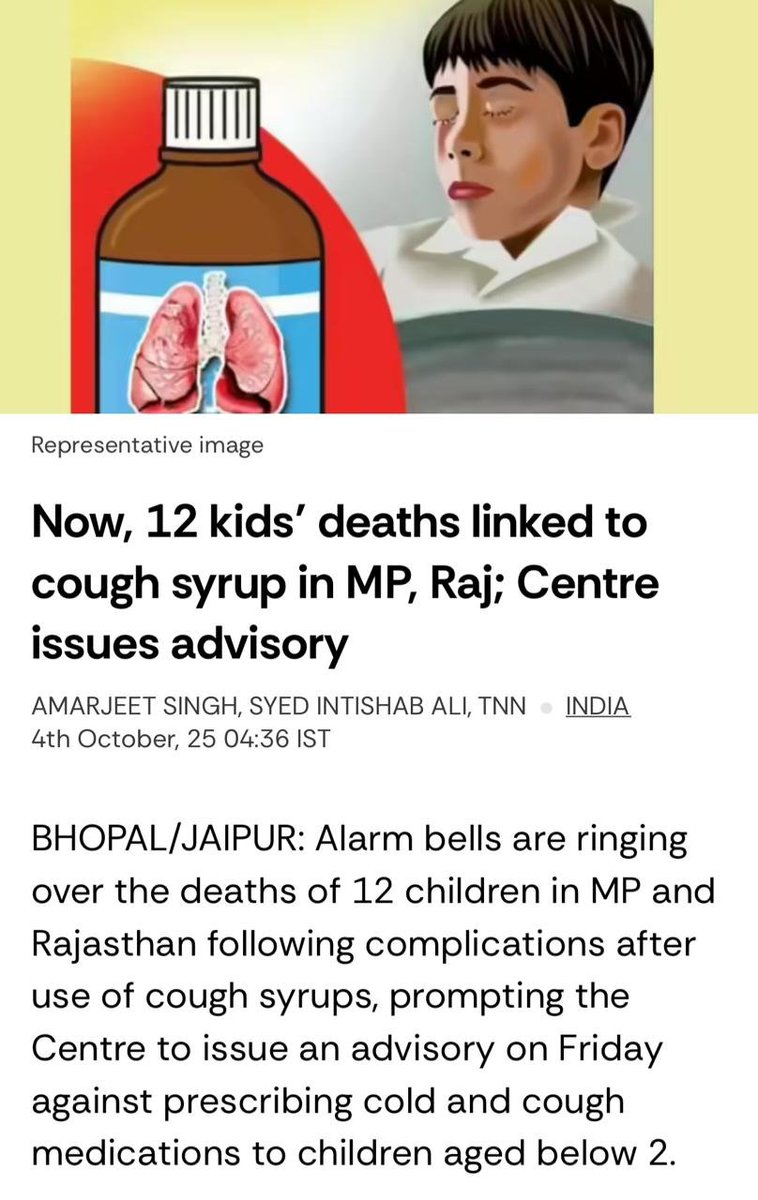 hyderabaddoctor's tweet photo. Cough Syrups and Child Deaths: What Every Parent Should Know
Recent reports have raised alarms about deaths in children who received cough syrups. Parents are understandably worried, but the facts are clear and knowing them can save lives.

What is the underlying cause of cough syrup-linked deaths?
Investigations show that many of these tragedies were due to contamination with toxic chemicals; mainly diethylene glycol (DEG) or ethylene glycol (EG). These substances, sometimes used in place of pharmaceutical-grade solvents, are poisonous. Even small amounts can damage the kidneys and lead to death, especially in children.

Do children need cough syrup at all?
The short answer is no.
▶️Most coughs in children are caused by viral infections that settle on their own in a week or so. 
▶️Cough syrups do not cure or shorten these illnesses. 
▶️Ingredients like antihistamines, decongestants, and codeine may cause side effects such as drowsiness, irregular heartbeat, or even breathing problems.
✅Safer options include warm fluids, honey (for children above 1 year), saline nasal drops, and rest.

How do these syrups cause death?
When contaminated with DEG/EG, syrups can cause: Nausea, vomiting, confusion; Kidney failure due to toxic metabolites; Severe metabolic acidosis, seizures, coma, and death.

How can such tragedies be prevented?
1. Stricter quality control of raw materials in pharmaceutical manufacturing
2. Avoiding unnecessary prescriptions of cough syrups for children
3. Educating parents not to demand syrups for every cough and cold
4. Government vigilance through routine testing and recalls of unsafe batches

What should parents and doctors remember?
1. Cough syrups are rarely needed for children. They don’t speed up recovery.
2. Beware of adulterated products; only use medicines from trusted, regulated sources.
3. If a child develops vomiting, confusion, or reduced urination after taking a syrup, seek urgent medical care. Kidney injury from toxin exposure can be life threatening but is treatable if diagnosed early.