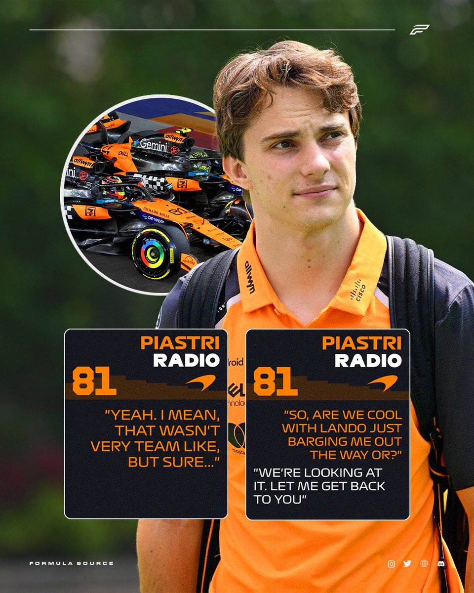 FormulaSourceIG's tweet image. 🚨 &quot;Mate that&apos;s not fair. Sorry that&apos;s not fair!&quot; 😳

&quot;If he has to avoid another car by crashing into his teammate then that&apos;s a pretty sh*t job at avoiding&quot; 👀

Lando Norris hits Max Verstappen and Oscar Piastri on the opening lap of the #SingaporeGP! 💥🇸🇬

💡 | @lapbylap