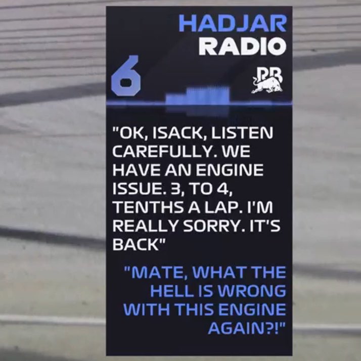 FormulaSourceIG's tweet image. Pierre Hamelin informs Isack Hadjar of an engine problem on his Racing Bulls! 😬

📻 HAD: &quot;What&apos;s wrong with this engine now?&quot;

#F1 #SingaporeGP 🇸🇬
