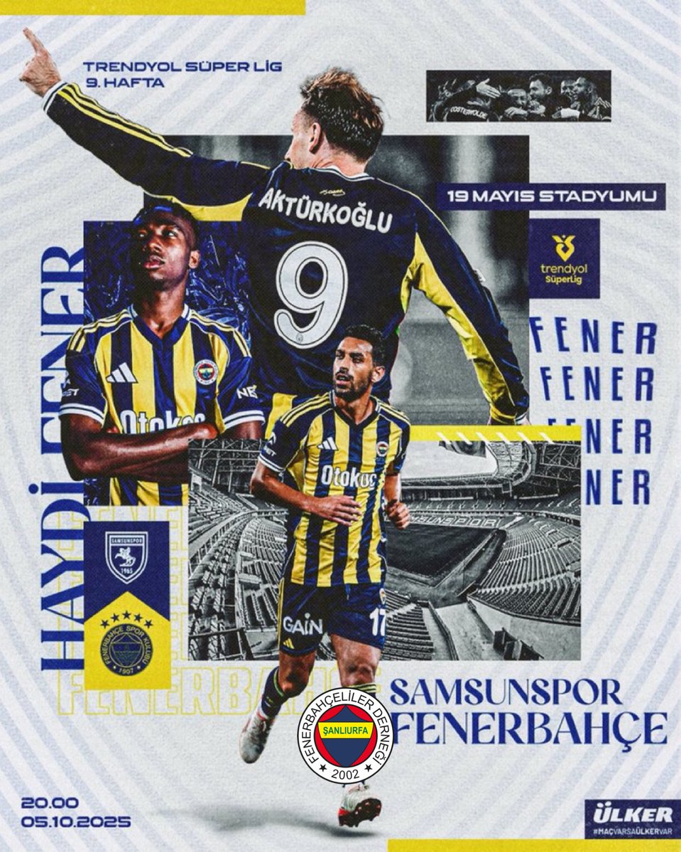 🏆 Trendyol Süper Lig | Samsunspor karşısında Fenerbahçe’mize başarılılar diliyoruz. #FenerinMaçıVar 💛💙

🗓 5 Ekim Pazar  
🕗 20.00
📍 Samsun 19 Mayıs Stadyumu
📲 #SAMvFB
