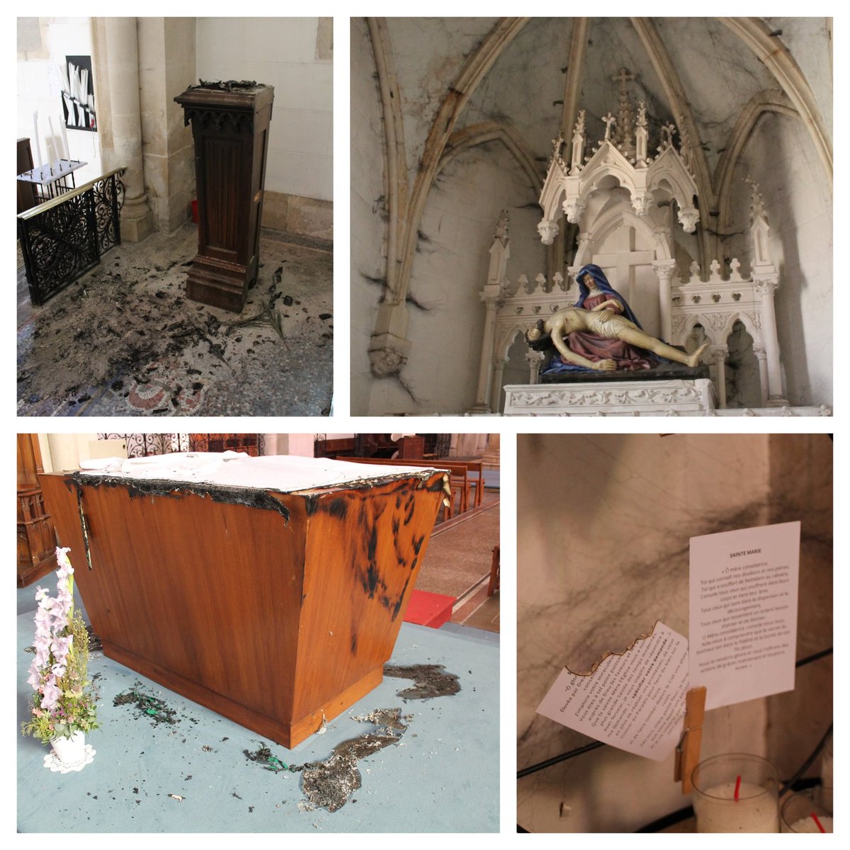 CatholicArena's tweet photo. 🇫🇷 

Another day, another attack on a French church 

This time Saint-Germain church in La Châtre 

An arsonist set fire to the church, damaging the altar and a statue of Our Lady and causing smoke damage to the church https://t.co/tu8WGAsFtN