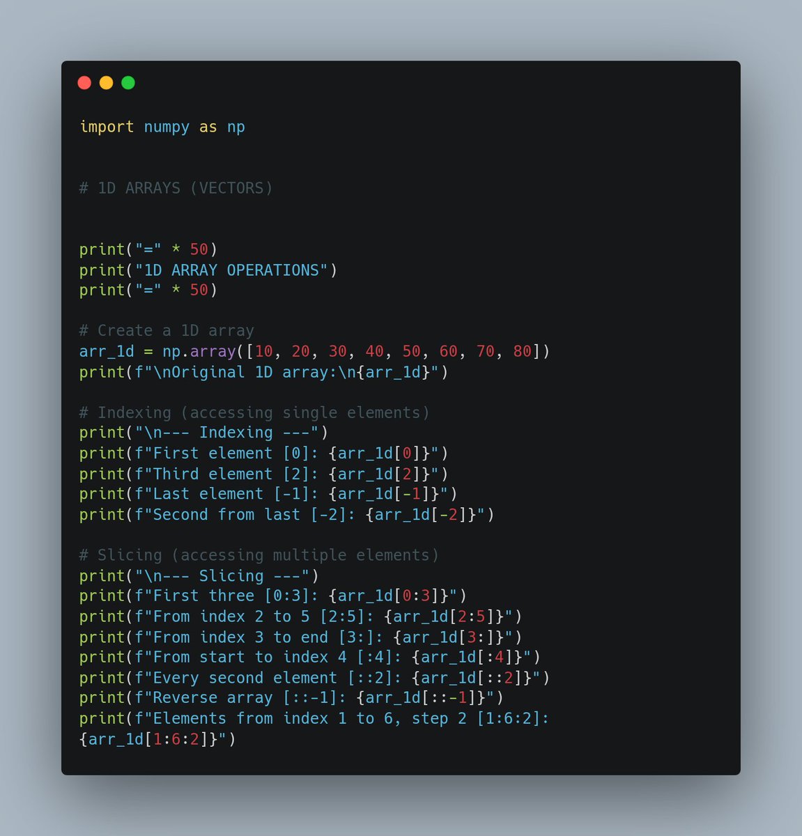 AlgoRhythmxx's tweet image. 🚀 Day 1/30: AI/ML Challenge

Today: NumPy Fundamentals
✅ ndarray objects
✅ Vectors &amp;amp; Matrices
✅ Indexing &amp;amp; Slicing
✅ Shape &amp;amp; dtype

Today&apos;s code highlights:1D (vector) and 2D (matrix) arrays. Access elements via indexing and slicing.
👇