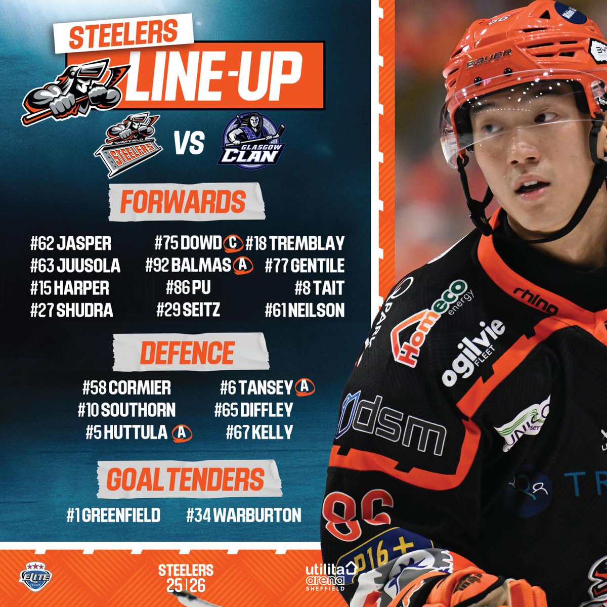 🍊🏒

Your Sheffield Steelers line-up to take on the Glasgow Clan this evening...