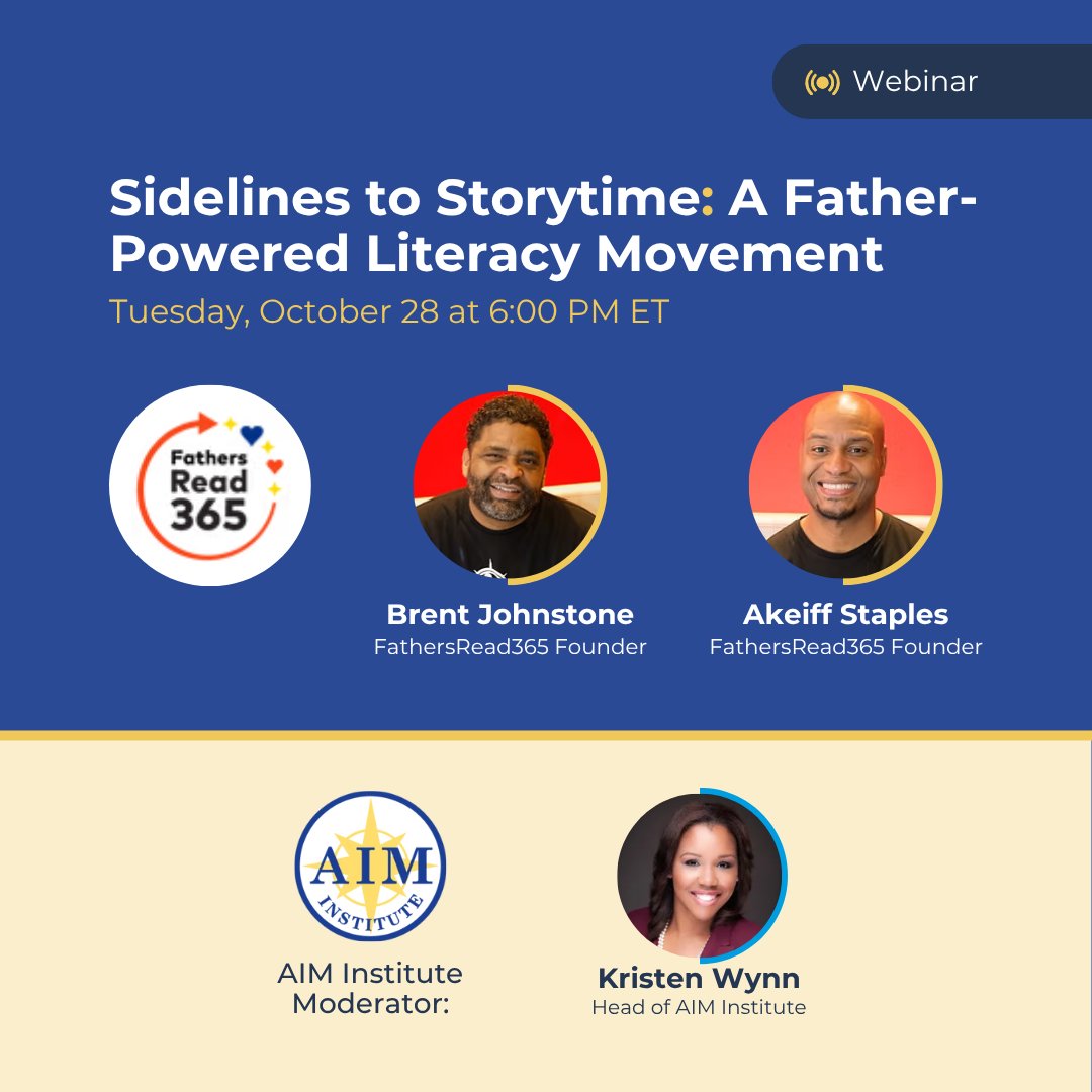 AIMtoLearn's tweet photo. Fathers and father-figures can be powerful partners in literacy.

Join us for Sidelines to Storytime: A Father-Powered Literacy Movement with Brent Johnstone and Akeiff Staples of @FathersRead365. You’ll hear how a simple weekly invitation, Fathers Read on Fridays, grew into 200 childcare centers, 300,000+ books distributed, and 25,000 home libraries, and leave with practical steps to bring (or scale) this model in your community.

📅 Tuesday, Oct 28 • ⏰ 6:00 PM ET

Register: https://t.co/MQIqpLaupY