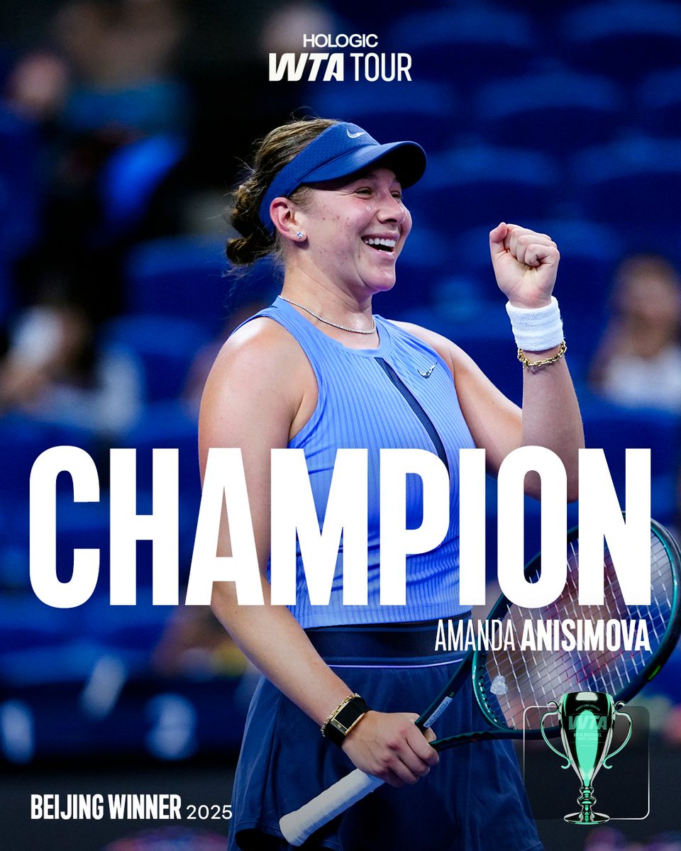 A second WTA 1000 title for Amanda Anisimova! 👏

She comes out on top 6-0, 2-6, 6-2 against Noskova to become champion in Beijing 🏆

#2025ChinaOpen