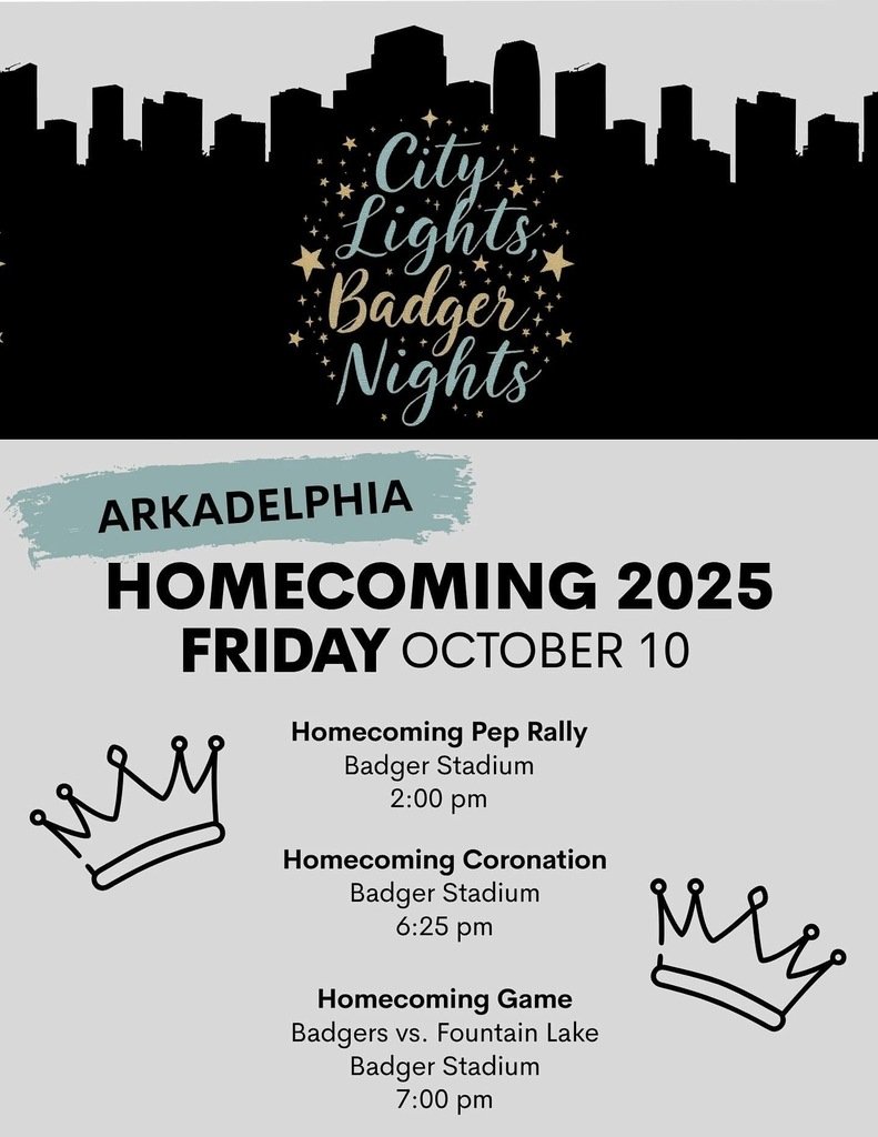 Arkadelphia Schools (@apsd_news) on Twitter photo It's Homecoming Week!
In honor of homecoming, we are having Spirit Week, and every campus is celebrating with dress-up days. Please see the graphics for more details. 
Friday activities include a pep rally, coronation ceremony, and Badgers vs. Ftn Lake all at Badger Stadium. It's Homecoming Week!
In honor of homecoming, we are having Spirit Week, and every campus is celebrating with dress-up days. Please see the graphics for more details. 
Friday activities include a pep rally, coronation ceremony, and Badgers vs. Ftn Lake all at Badger Stadium.