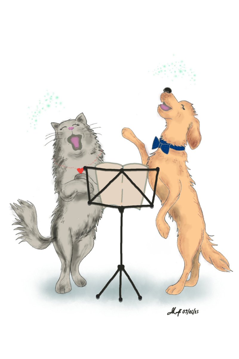 bouncebckbelle's tweet photo. A quick digital commission from a fellow #FoTS, to be placed as an ad for their choir's 60th Anniversary commemorative publication. The brief: "A cat &amp; a dog singing the song of their people". 😄🎶 

I'm available for commissions. DM for inquiries!
#MarjDrawsCats #MarjDrawsDogs https://t.co/zVy6Vk17Im