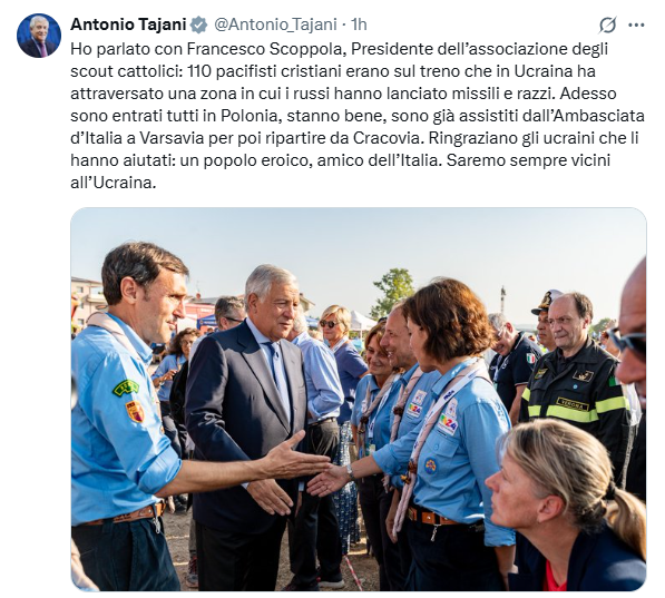 Radio1Rai's tweet image. 🔵#Ucraina "Ho parlato con Francesco Scoppola, presidente dell'Associazione degli #scout: 110 pacifisti cristiani erano sul #treno che ha attraversato una zona in cui i russi hanno lanciato missili. Sono tutti in Polonia, stanno bene". Così su X il ministro degli Esteri #Tajani