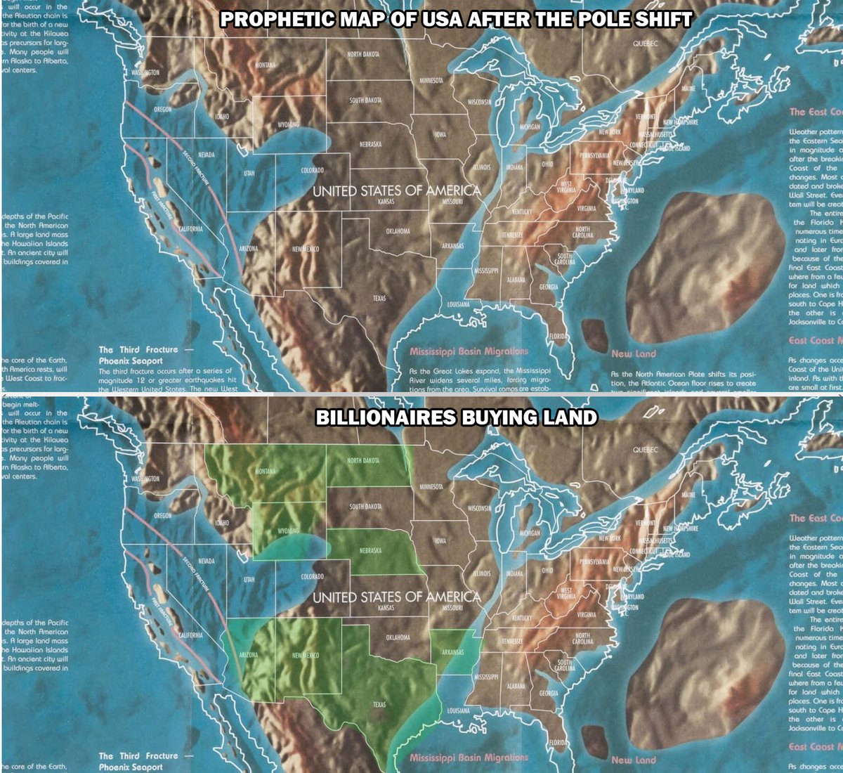 Many of the billionaires seem to trust the self-proclaimed prophet Gordon-Michael Scallion; they are buying land according to his post-cataclysmic map.

Amazon’s Jeff Bezos owns over 400,000 acres in Texas, billionaire Bill Gates recently acquired 28,000 acres in Arizona and