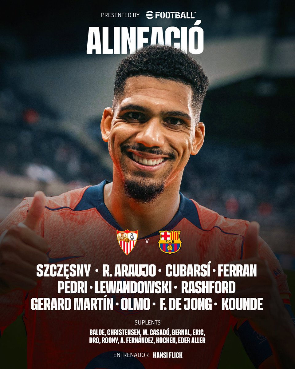 🚨 ONCE #SevillaBarça

Ronald de vuelta junto a Cubarsí. Ferran y Lewandowski arriba.