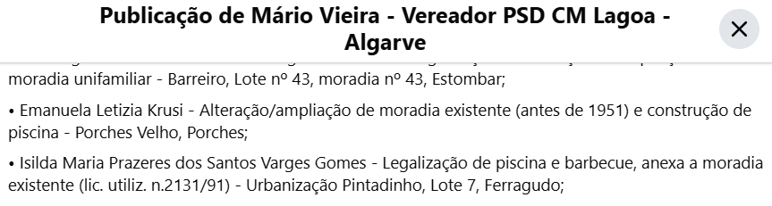 XMuttley's tweet photo. Ai que horror! 😲
Estou perfeitamente chocado!
Então não é que a ilustre ex-presidente da Câmara Municipal de Portimão, agora deputada europeia, tinha, na sua humilde casinha em Ferragudo, uma piscina e um barbecue ilegal?
Andava a fazer concorrência à Ana Gomes?
Bom, felizmente a história teve um desfecho diferente.
É que em Sintra, Ana Gomes foi obrigada a demolir a piscina e a casa de hospedes ilegal.
Em Lagoa, a Câmara é branda e aprovou o projeto de legalização em 3 de Setembro de 2024.
Resta saber quem foi o autor do projeto de legalização, se a empresa do Emídio Batista ou se foi a Ordem Geométrica. 
E mais não digo... 🤐