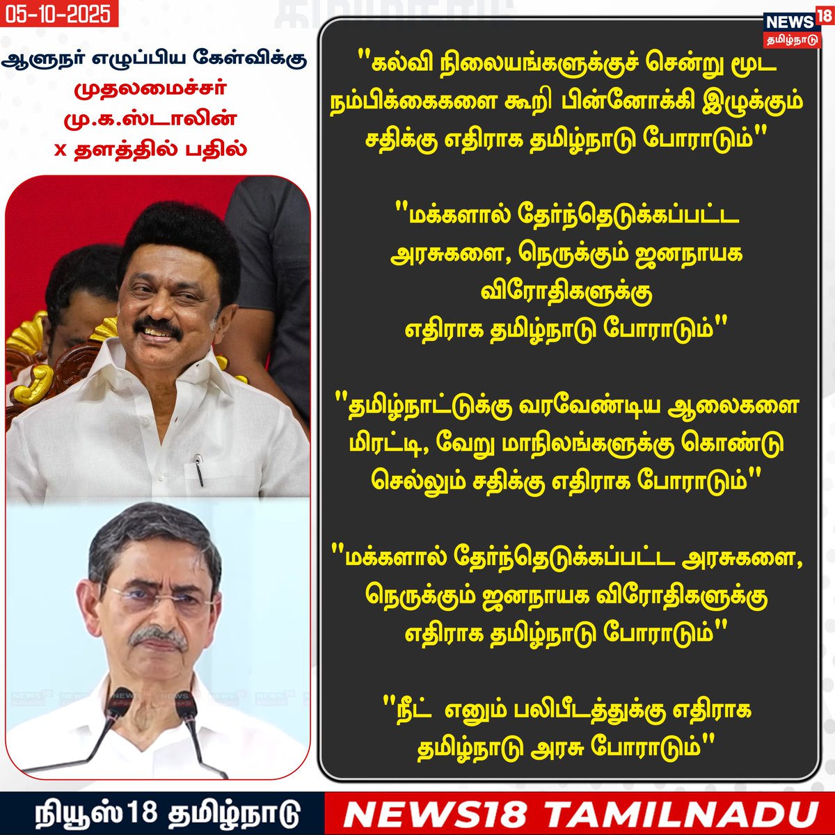 News18TamilNadu's tweet image. சென்னையில் நடைபெற்ற நிகழ்ச்சியில் தமிழ்நாடு யாருடன் போராடும்? - ஆளுநர் ஆர்.என்.ரவி கேள்விக்கு
முதலமைச்சர் மு.க.ஸ்டாலின் பதில்
#CMStalin #GovernorRNRavi #TNGovt #News18Tamilnadu | News18Tamil.com