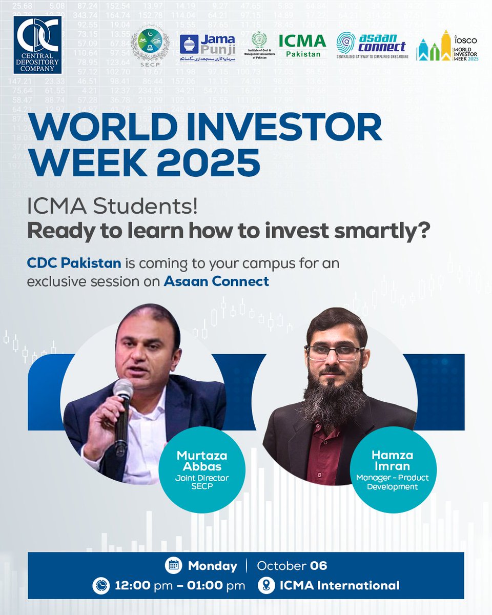cdcofficialpk's tweet image. ICMA students !

CDC Pakistan is on campus for Investor Week 2025.
Session on Asaan Connect with insights from SECP and CDC.
Learn to invest smarter, safer, better.

ICMA Pakistan
Oct 6 | 12–1 PM
#WorldInvestorWeek2025 #ICMA #CDCPakistan