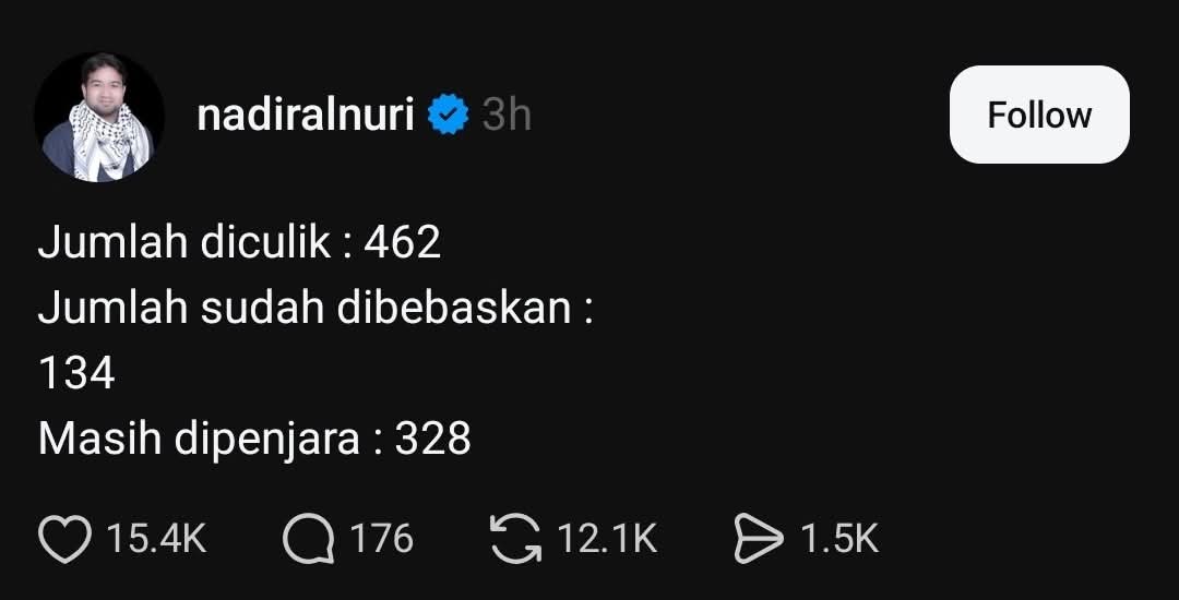DIPLOMASI

462 ditahan. 134 dibebas. 328 masih dipenjara.
Majoriti masih belum bebas.

Aktivis dari seluruh dunia  Eropah, Amerika Latin, Afrika masih menunggu di penjara Zionis. Negara mereka masih berunding, menanti “lampu hijau” Tel Aviv.

Tapi Malaysia?
Dalam kurang 48 jam,