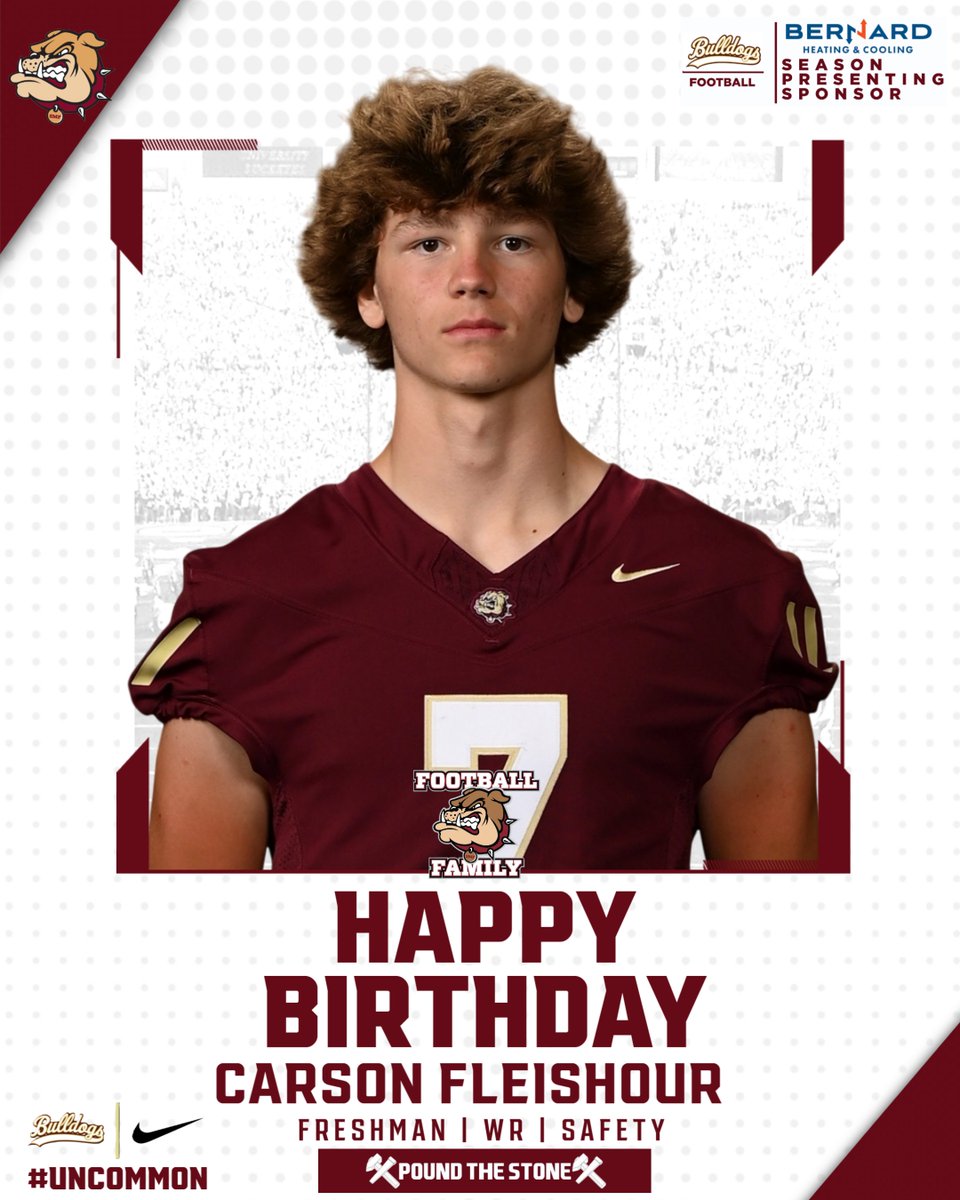 stowfootball's tweet image. Happy Birthday to 2029 WR/DB Carson Fleishour! Glad you are part of our football FAMILY. Enjoy your day! GO BULLDOGS! #PoundTheStone #UNcommon