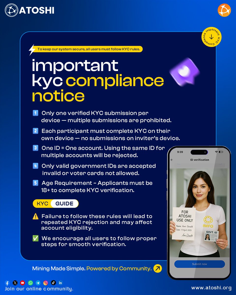 Security First. Community Always.

At ATOSHI, we’re building a system that’s not just powerful but secure for everyone. Your KYC verification helps protect our ecosystem from fraud and ensures fairness for all Atoshians worldwide. 

Before submitting, make sure you’re following
