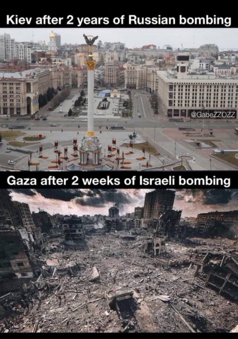 Two images side by side. The top image shows a cityscape of Kiev with a prominent monument and intact buildings. The bottom image depicts a heavily damaged urban area in Gaza with rubble and destroyed structures. Watermarks "@gabeZ0ZZ" are visible on both images.