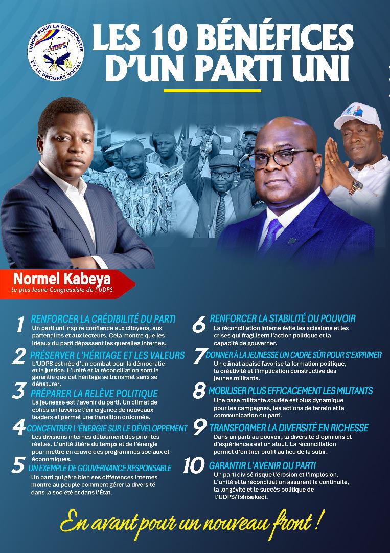 Unité. Stabilité. Progrès.
C'est le triptyque de l'UDPS. En avant pour garantir l'avenir du parti et le succès politique.