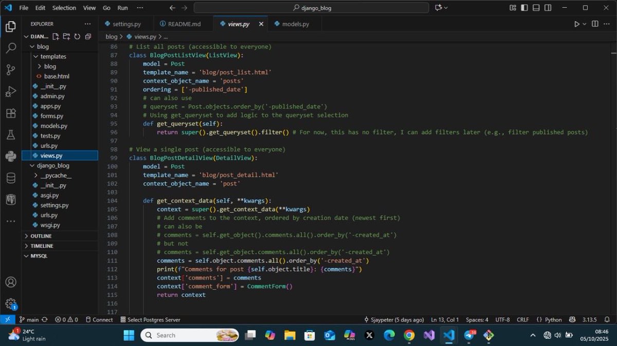 sjaypeter's tweet photo. WEEK 13
I created a fully functional blog app. I set up your project, implemented user authentication, and enabled users to create, update, and delete blog posts. I also added a comment system, giving your my interactivity and a more dynamic user experience.
#100DaysOfCode #ALX https://t.co/tIUySKjdxZ