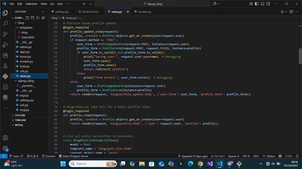 sjaypeter's tweet photo. WEEK 13
I created a fully functional blog app. I set up your project, implemented user authentication, and enabled users to create, update, and delete blog posts. I also added a comment system, giving your my interactivity and a more dynamic user experience.
#100DaysOfCode #ALX https://t.co/tIUySKjdxZ
