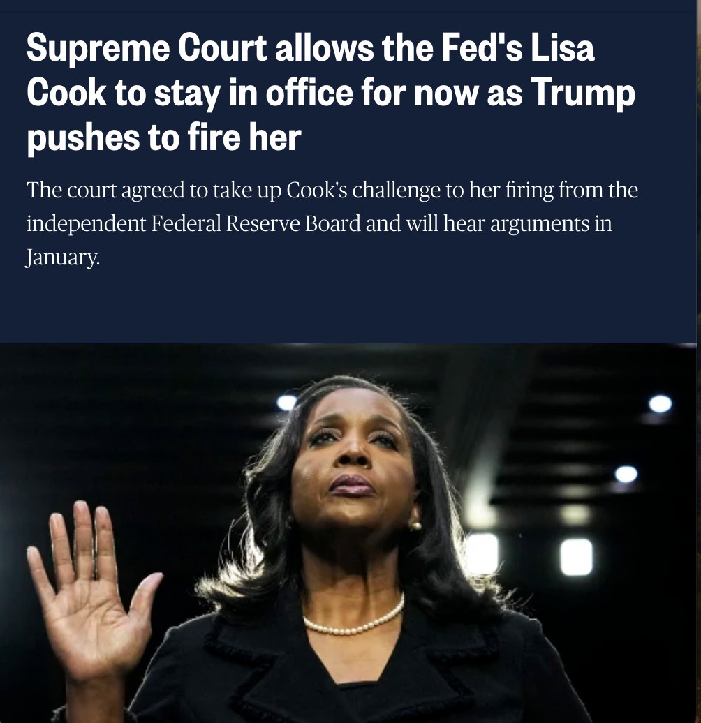 Good.

Trump can’t illegally fire a Fed governor just because he wants to find someone who will enable him.

If the courts continue to follow the law, Lisa Cook will remain in her job.