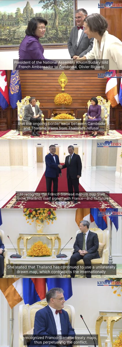 junifactcheck's tweet image. คำแปล ไล่ตามลำดับรูป:

1) นางควน ซูดารี ประธานสภาแห่งชาติกัมพูชา กล่าวกับเอกอัครราชทูตฝรั่งเศสประจำประเทศกัมพูชา นายโอลิวิเยร์ ริชาร์ด

2) ว่าปัญหาเขตแดนที่ดำเนินอยู่ระหว่างกัมพูชา-ไทย มีสาเหตุมาจากการที่ประเทศไทยปฏิเสธ...

(มีต่อ...)