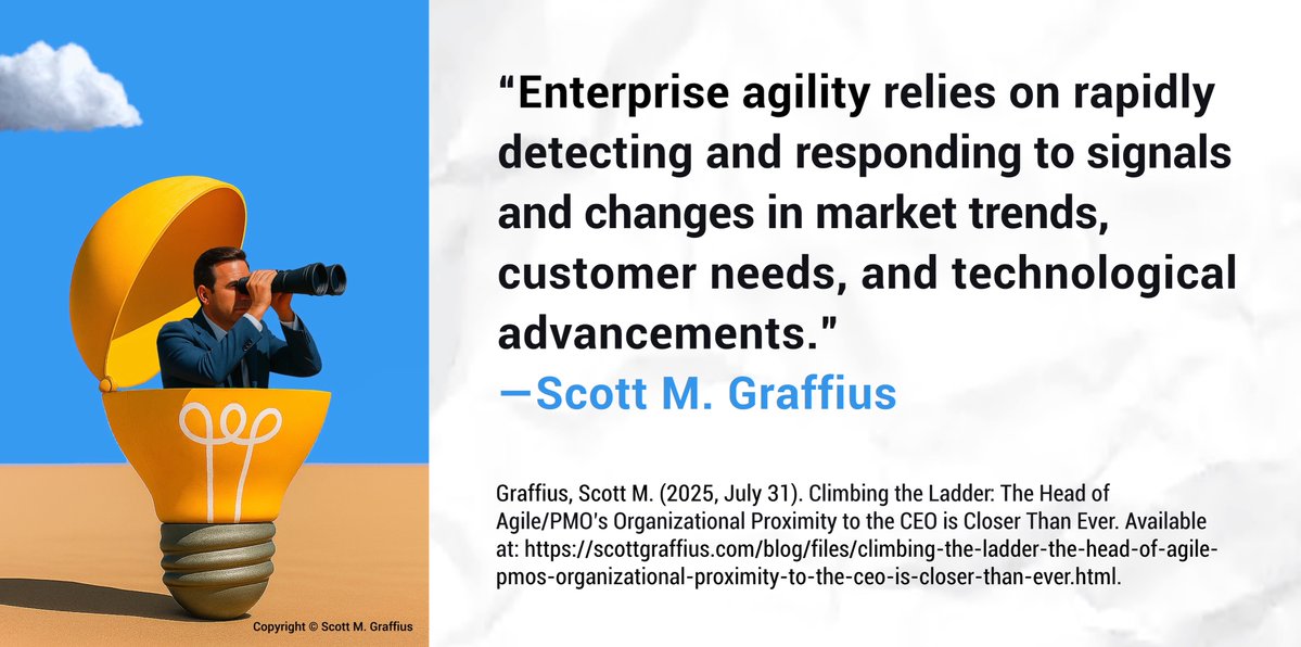 ScottGraffius's tweet image. #EnterpriseAgility and #SignalDetection:

“Enterprise agility relies on rapidly detecting and responding to signals and changes in market trends, customer needs, and technological advancements.” 
— Scott M. Graffius

🔎 scottgraffius.com/blog/files/cli… 

#Agile #MarketTrends #Technology