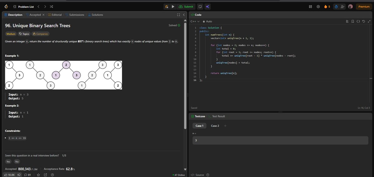 Anurags44798025's tweet image. Day 69/100: LeetCode #96 - Unique Binary Search Trees 🌳
Time: O(n²) with DP Space: O(n)
#100DaysOfCode #LeetCode #Algorithms #DynamicProgramming