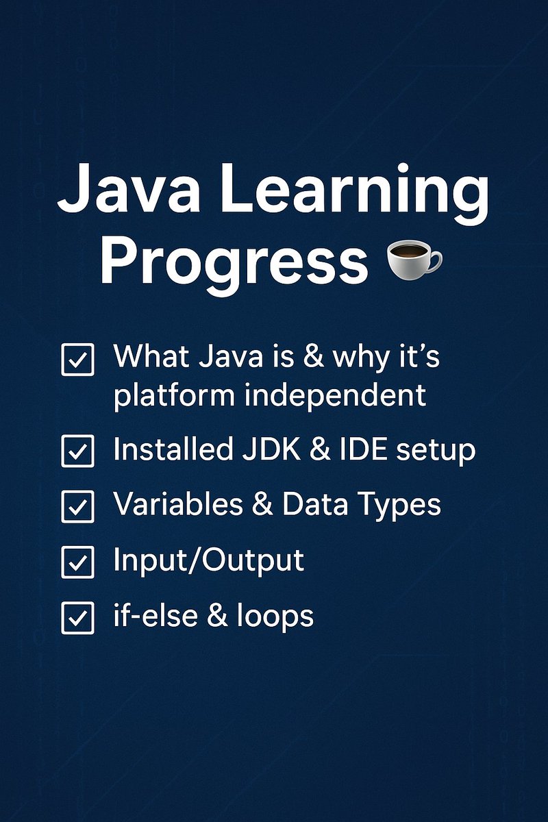 AdityaShar87007's tweet image. &amp;gt; ✅ What I’ve learned so far:

• What Java is &amp;amp; why it’s platform independent ☕
• Installed JDK &amp;amp; IDE setup
• Variables &amp;amp; Data Types
• Input/Output
• if-else &amp;amp; loops

Each concept taught me how real apps actually work 🔍

#Java #CodingJourney #TeenDeveloper #AppDev