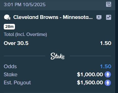 We trying to run it up.

1k = 100k$

Step 1: Browns vs Vikings over 30.5. NFL, don’t let us down, rig this thing and give us a show in London.