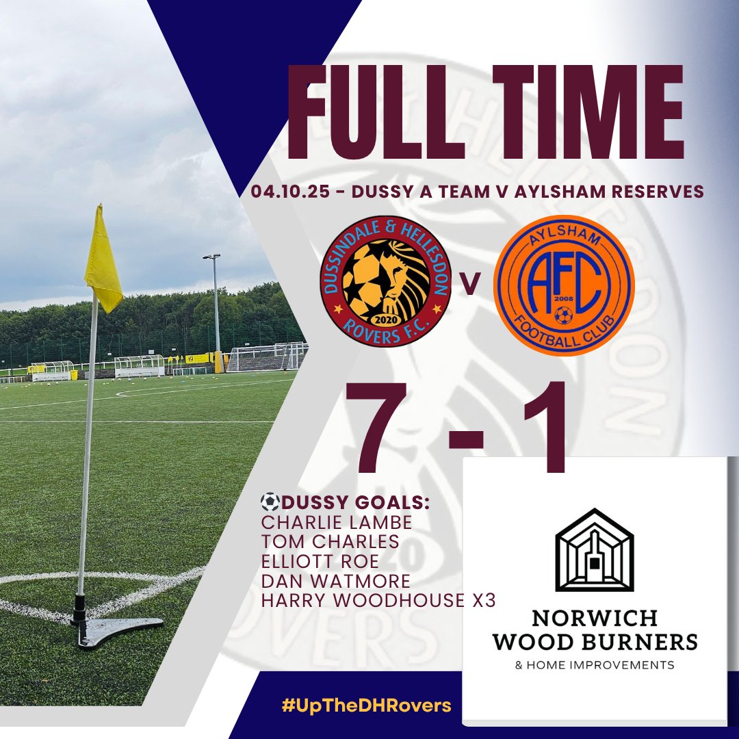DussyRoversFC's tweet photo. Full-time at home for Dussy A team 04.10.25 

🆚️ @aylsham_fc Reserves 
✅️ 7-1
Goals from Charlie Lambe, Tom Charles, Elliot Roe, Dan Watmore &amp; a hat trick for debutant Harry Woodhouse 😀  
Sponsorship opportunities available, pop us a DM for info. 

#upthedussy #UpTheDHRovers https://t.co/zb12DRuz7P