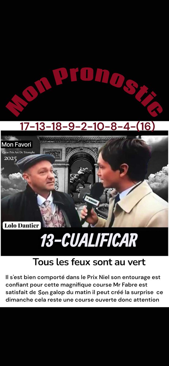 Bonjour à tous 
Je vous livre mon pronostic pour ce dimanche 5 octobre Qatar Prix De l'arc De Triomphe hippodrome de Paris-Longchamp 5éme course du programme départ vers 16h05 2400m <a href="/PMU_Hippique/">PMU Hippique 🔞</a> <a href="/LesCoursesRmc/">Les Courses RMC</a>