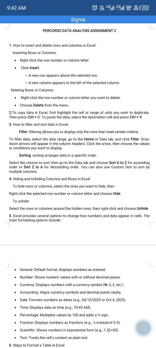 Sigma_809's tweet image. Just completed my assignment on Introduction to Excel and Excel Formulas &amp;amp; Functions under the #PercorsoTech program!

It’s exciting learning how Excel simplifies data analysis and makes calculations faster and smarter. 
@PercorsoTech @ProsperoApril @PamellaIshiwu
#DataAnalytics