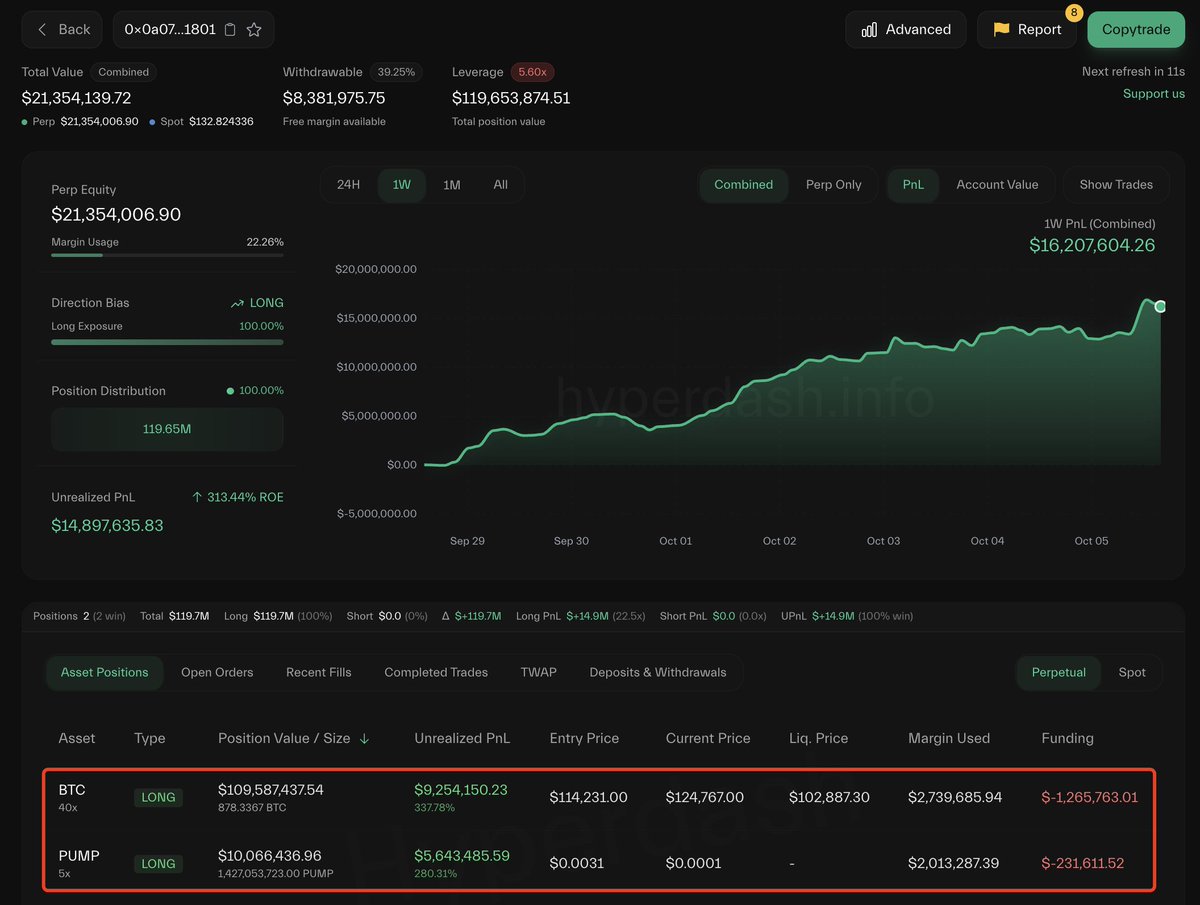 Hyperliquid dashboard overview showing whale's total equity and PnL chart