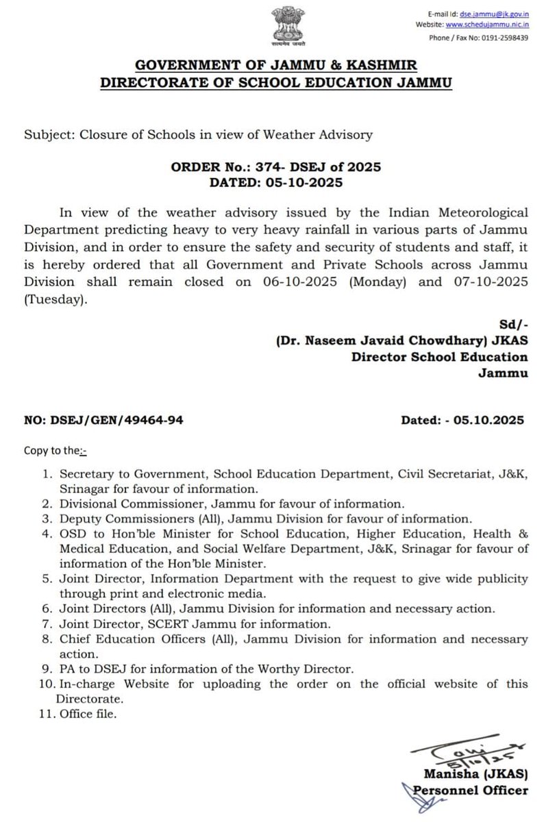 RGourhia's tweet image. The DSEJ has taken these measures to prioritize student safety, considering the region&apos;s vulnerability to climate extremes. 
The closure applies to all schools across Jammu division, including government and private institutions.