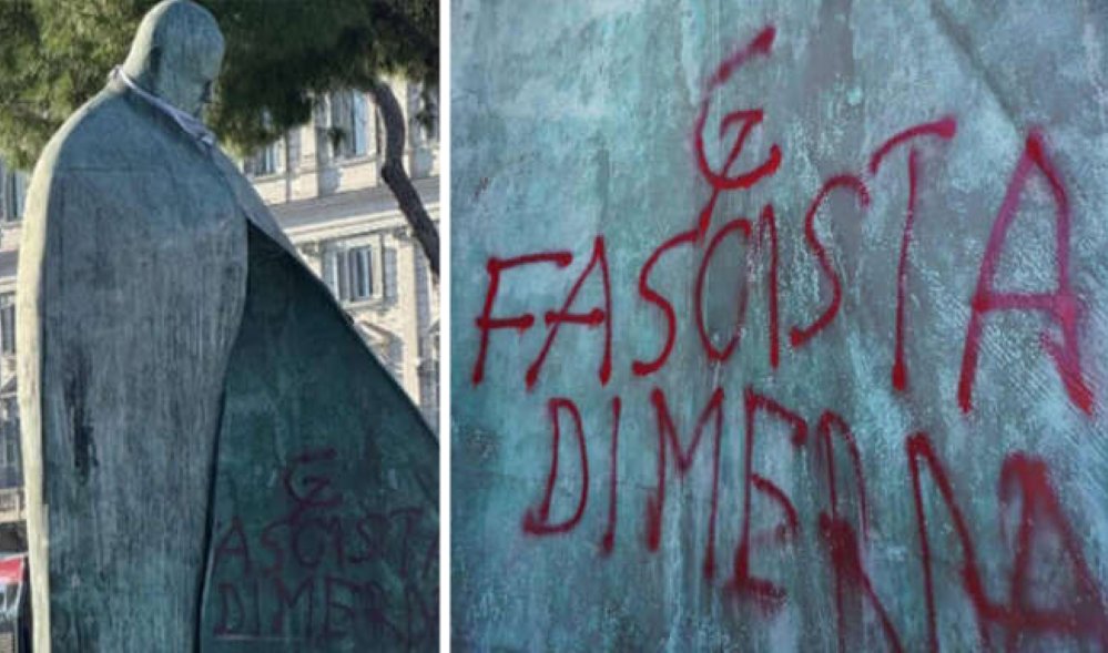 lechochretien's tweet photo. 🚨🫟 ALERTE | Lors d’une MANIFESTATION organisée à Rome en soutien à Gaza, la statue du pape Jean-Paul II, située sur la Piazza dei Cinquecento, a été VANDALISÉE.

Le symbole de la faucille et du marteau, ainsi que l’INSCRIPTION "fascista di merda", ont été TAGUÉS sur le monument.