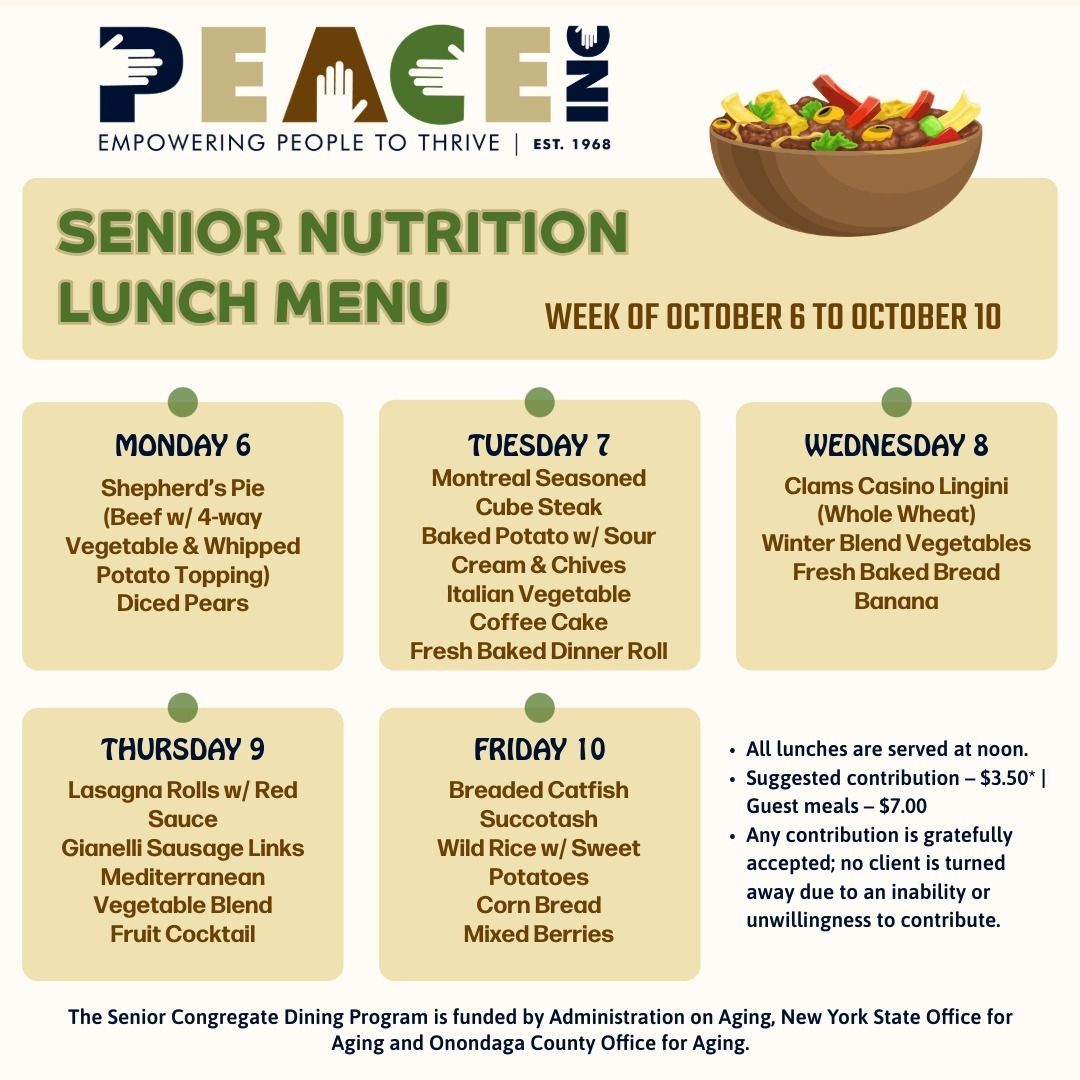 🥪 Senior Nutrition Program Lunch Menu 🥗

Join us for delicious lunches from October 6 to October 3! 🍽️

For more info, visit: buff.ly/KBbQAQq

#SeniorNutrition #PEACEIncSyr #HealthyEating #FoodServices